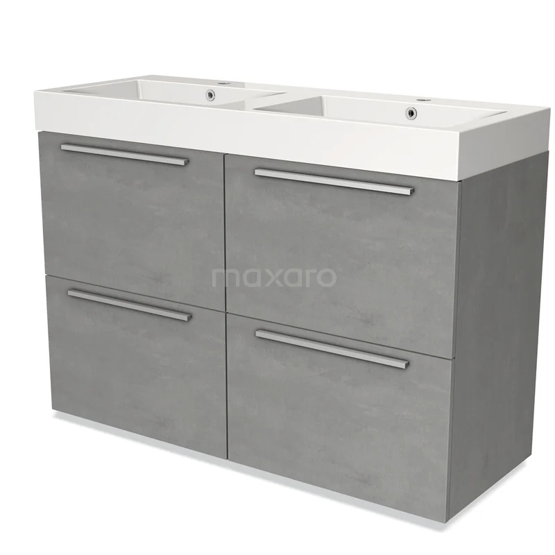Dubbele wastafel met grijs betonnen onderkast, strak design, ideaal voor moderne badkamers.