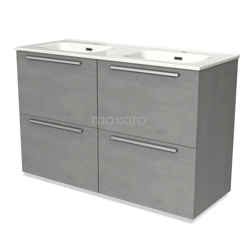 Dubbele grijze wastafelonderkast met 4 lades, betonlook, inclusief witte keramische wasbak, ideaal voor moderne badkamers.