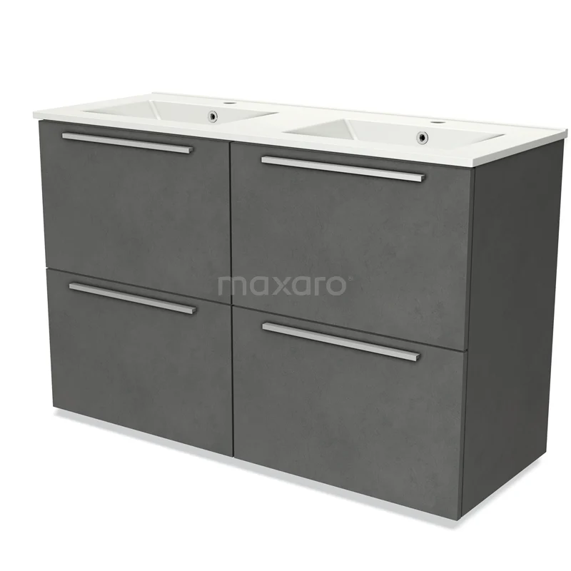 Modulo Bathroom furniture with sink | 120 cm Dark grey concrete Flat front Ceramic 4 high drawers BMW14-00446 Grey double basin with four drawers and metal handles, perfect for modern bathroom design.