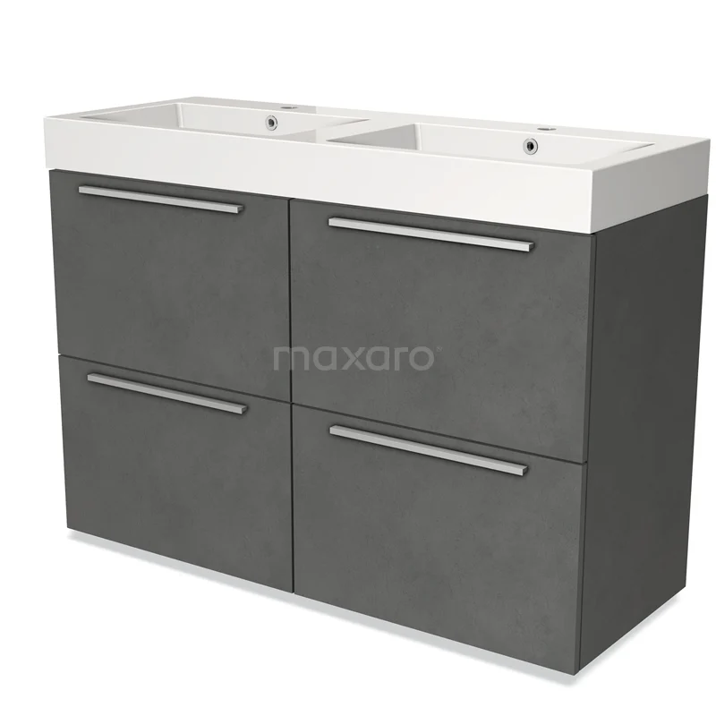 Modulo Bathroom furniture with sink | 120 cm Dark grey concrete Flat front Mineral marble 4 high drawers BMW14-00447 Anthracite grey double vanity unit with sleek design, featuring four drawers with chrome handles, perfect for a modern bathroom.