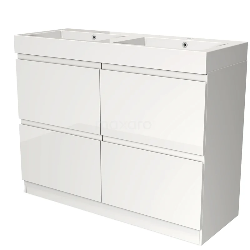 Wit dubbel wastafelmeubel met strakke lades en moderne uitstraling, ideaal voor een stijlvolle badkamerinrichting.