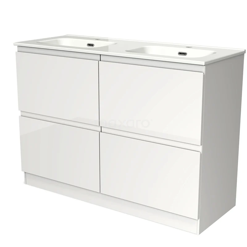 Dubbele witte wastafelonderkast met vier lades, modern ontwerp, ideaal voor een georganiseerde badkamer.