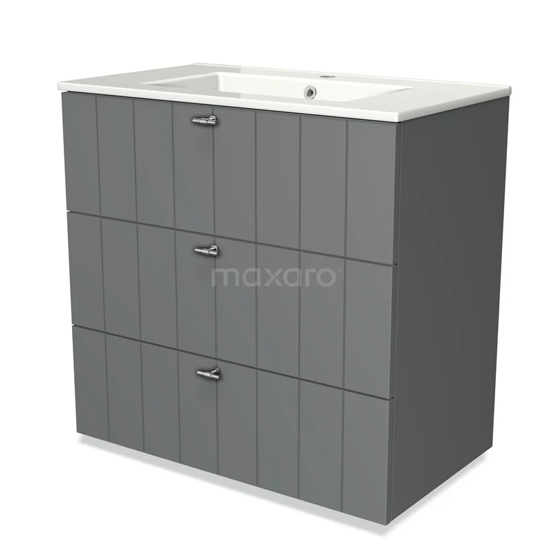 Modulo Vanity units with basin | 80 cm Mid grey Slat front Ceramic 3 drawers BMW19-00065