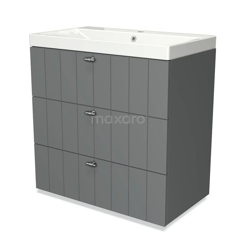 Grey Bathroom unit with basin, three drawers with vertical lines, modern design, ideal for compact bathrooms.