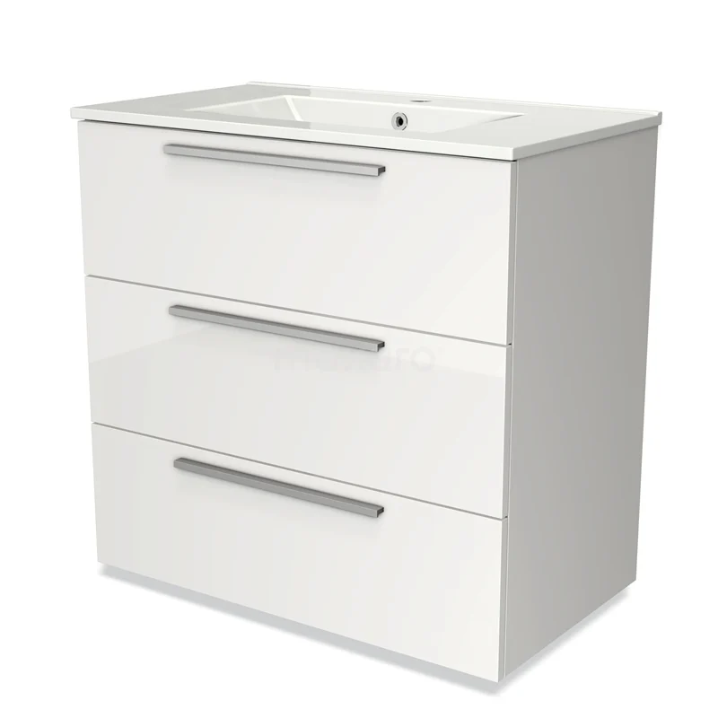 Modulo Vanity units with basin | 80 cm High-gloss white Flat front Ceramic 3 drawers BMW19-00109