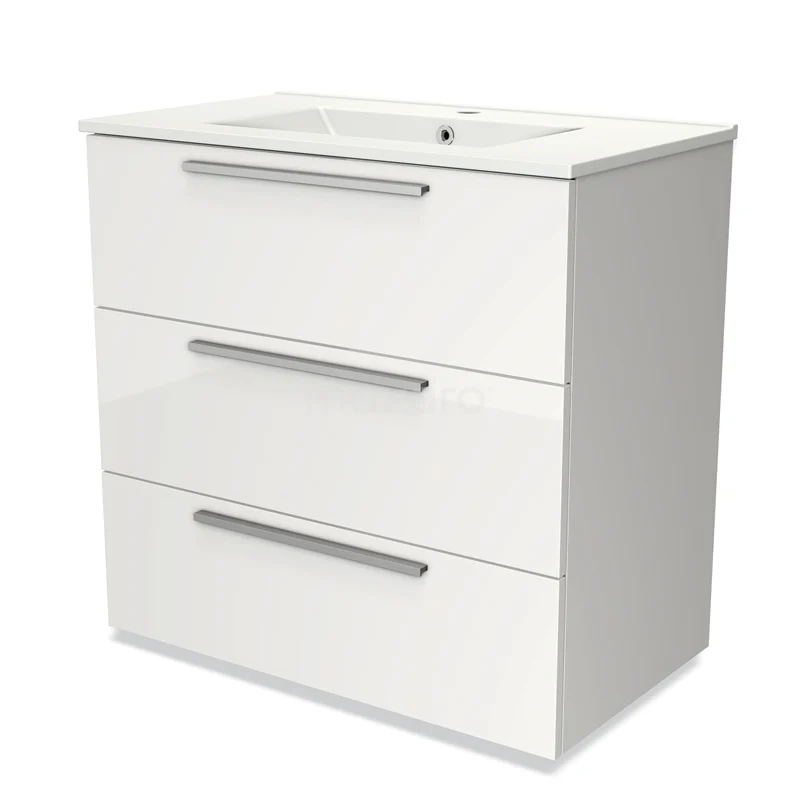 Modulo Vanity units with basin | 80 cm High-gloss white Flat front Ceramic 3 drawers BMW19-00110