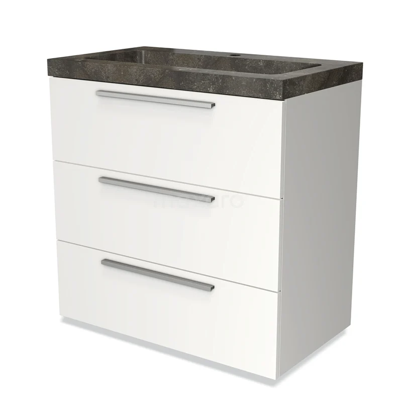 Modulo Vanity units with basin | 80 cm Matte white Flat front Natural stone 3 drawers BMW19-00151