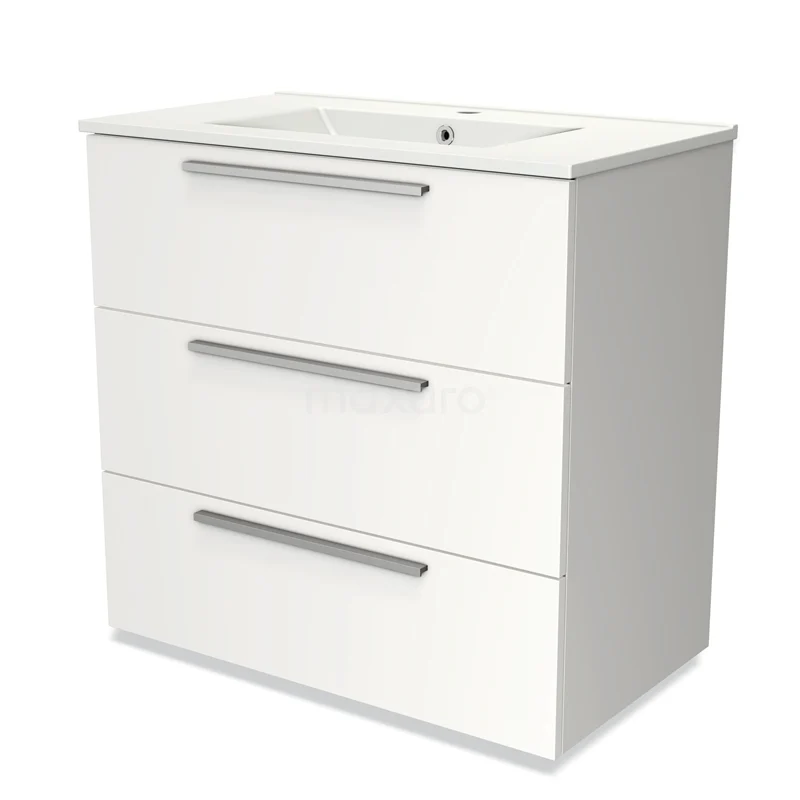 Badmöbel 80cm Modulo Matt Weiß 3 Schubladen Flaches Waschbecken Keramik BMW19-00158 Weißer Badschrank mit integriertem Waschbecken, drei Schubladen mit silbernen Haltegriffen, modernes Design für praktische Badezimmerlagerung.