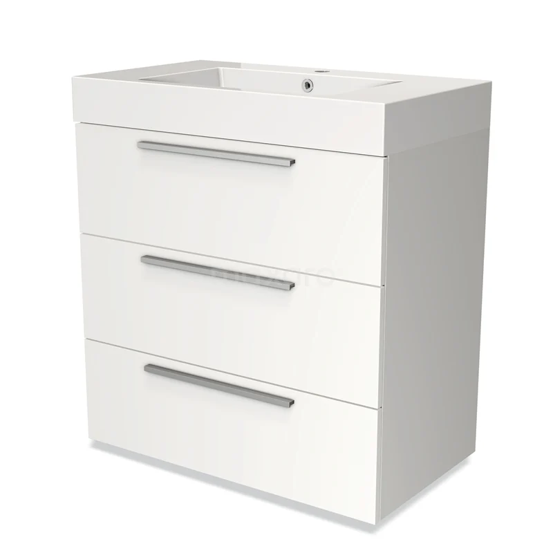 Badmöbel 80cm Modulo Matt Weiß 3 Schubladen Flaches Waschbecken Mineralguss BMW19-00159 Weißes Badezimmermöbel mit 3 Schubladen, modernen chromatischen Griffen und keramischem Waschbecken, ideal für ein stilvolles Badezimmer.