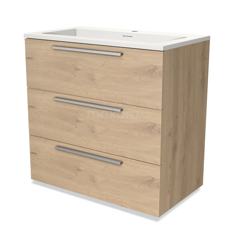 Houten badkamermeubel met drie lades, moderne design wastafel en geïntegreerde handgrepen, ideaal voor badkameropbergruimte.