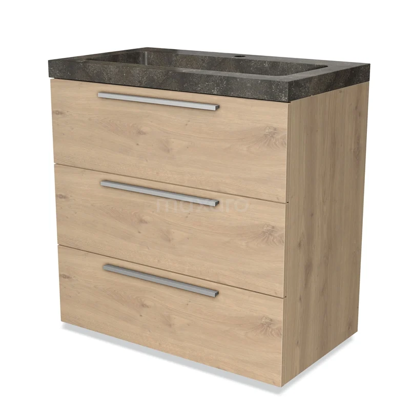 Houten badkamermeubel met drie lades, grijs natuurstenen wastafelblad en metalen handgrepen, ideaal voor stijlvolle badkameropslag.