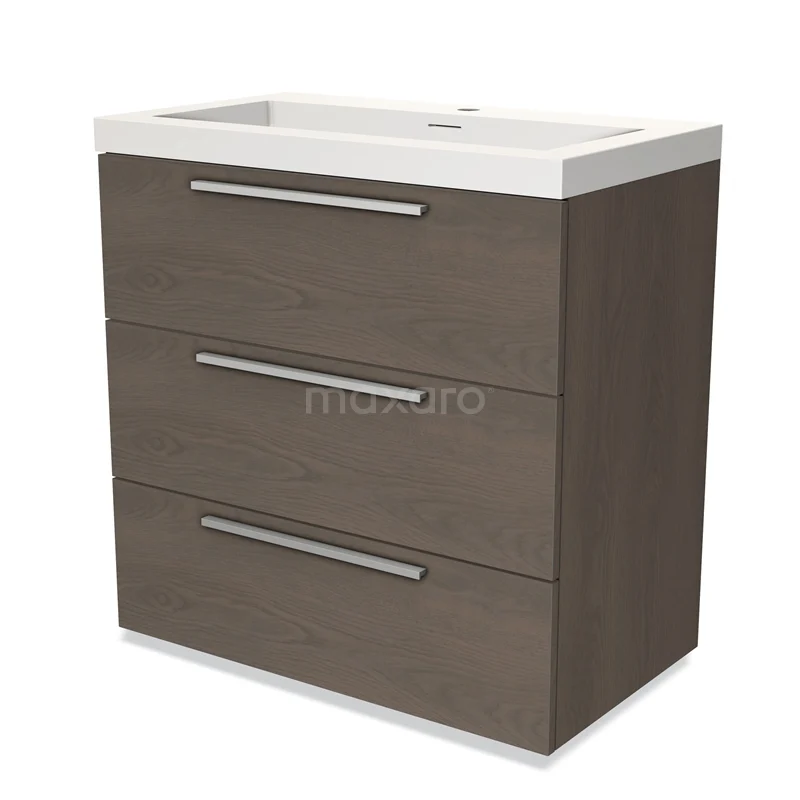 Bruin houten badkamermeubel met drie lades, witte wastafel en metalen handgrepen; modern en praktisch design.
