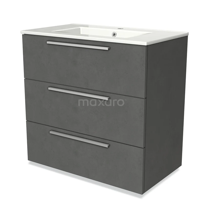 Grijs badkamermeubel met drie lades, ingebouwde witte wasbak en chromen grepen, perfect voor een moderne badkamer.