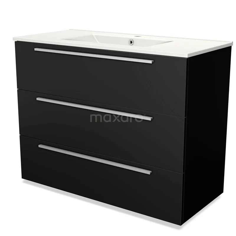 Zwart wastafelmeubel met drie lades, strakke metalen handgrepen en keramische wastafel, ideaal voor moderne badkamers.