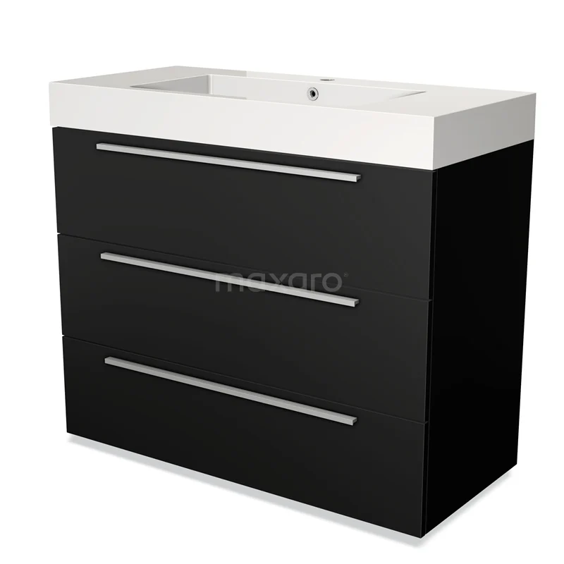 Zwarte badkamerkast met drie lades en witte wastafel, modern design, ideaal voor stijlvolle badkameropslag.