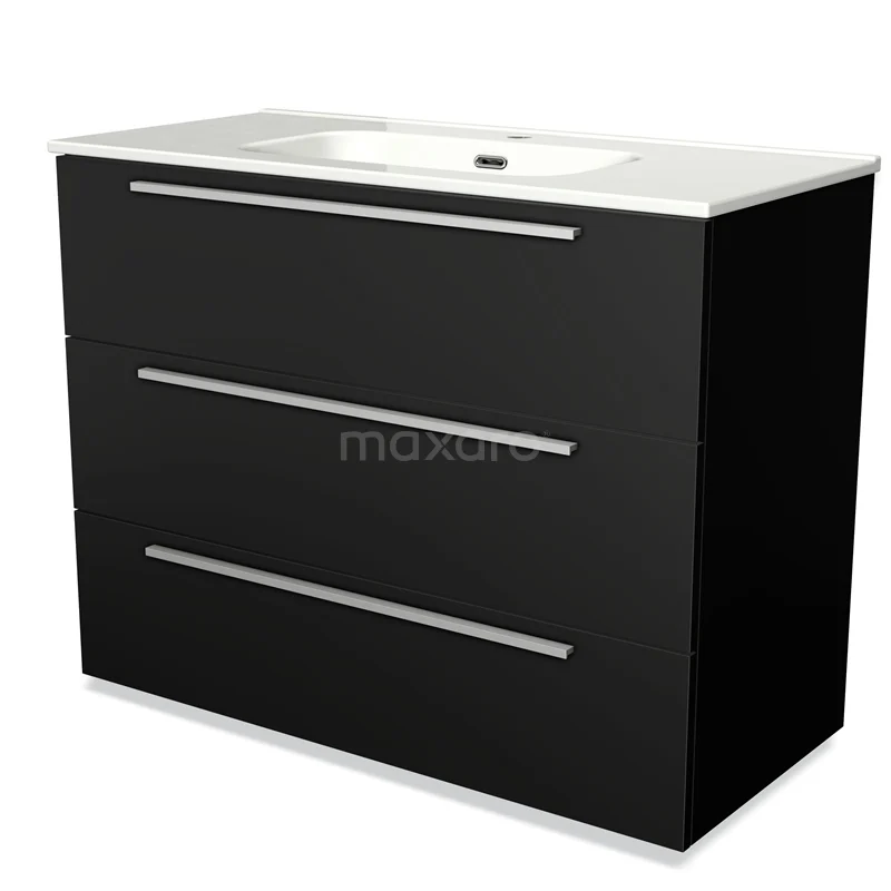 Zwarte houten badkamermeubel met drie lades, strakke chroomgrepen en een witte wastafel, modern design.