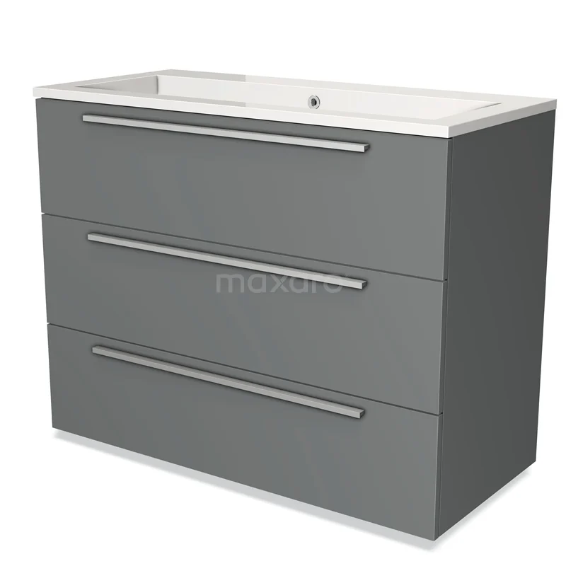Grijze badkamermeubelset met wastafel, strak design, drie ruime lades met aluminium handgrepen, perfect voor moderne badkamers.