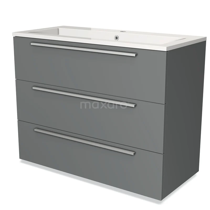 Grijze badkamermeubelset met drie lades, strakke metalen handgrepen en keramische wastafel, ideaal voor moderne badkamers.
