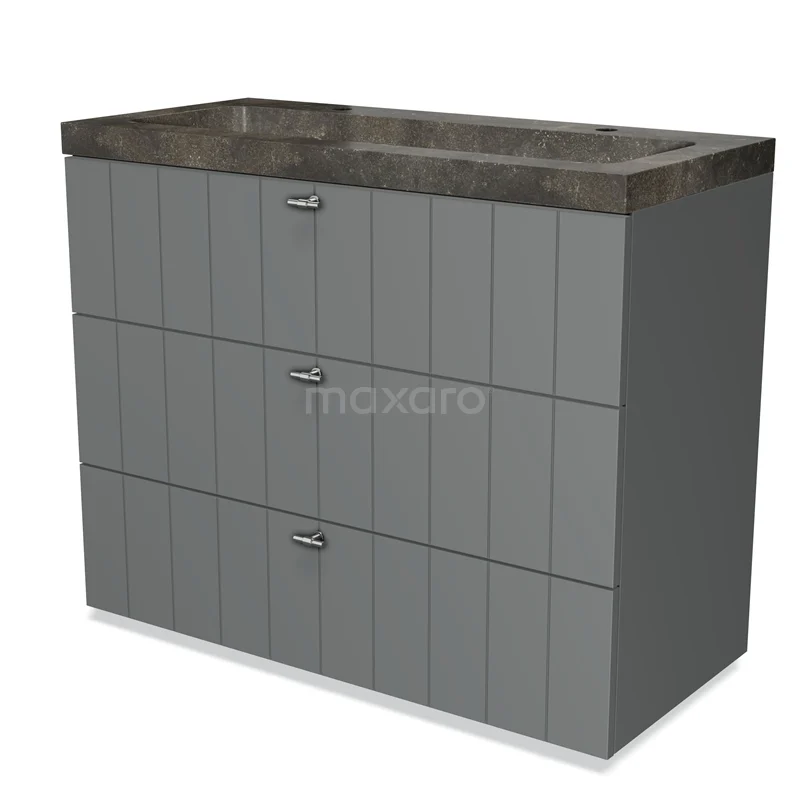Grijze badkamermeubel met drie lades, betonnen wastafelblad en verticaal paneeldesign, ideaal voor stijlvolle badkameropslag.