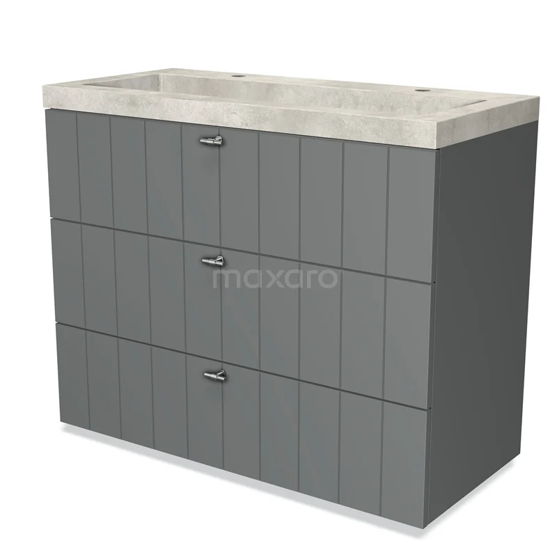 Grijze badkamerkast met drie lades, moderne verticale panelen en wit marmeren wastafelblad. Perfect voor stijlvolle badkamers.