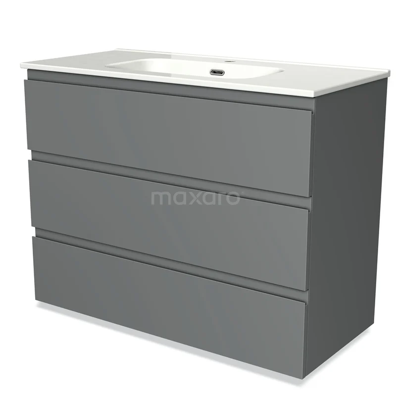 Grijze moderne badkamermeubel met drie lades, witte wastafel en strak design, perfect voor een stijlvolle badkamer inrichting.
