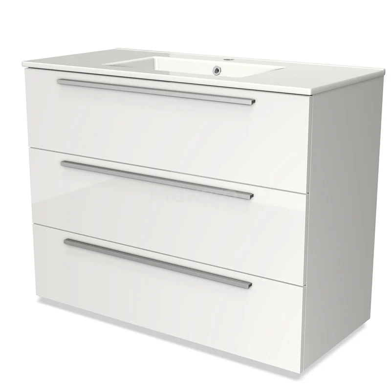 Witte badkamermeubelset met moderne afwerking, 3 lades en geïntegreerde wastafel. Perfect voor een stijlvolle badkamer.