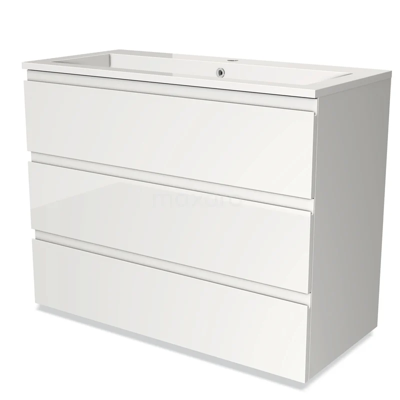 Wit badkamermeubel met drie soft-close lades, modern design en glanzende afwerking, ideaal voor stijlvolle badkameropslag.