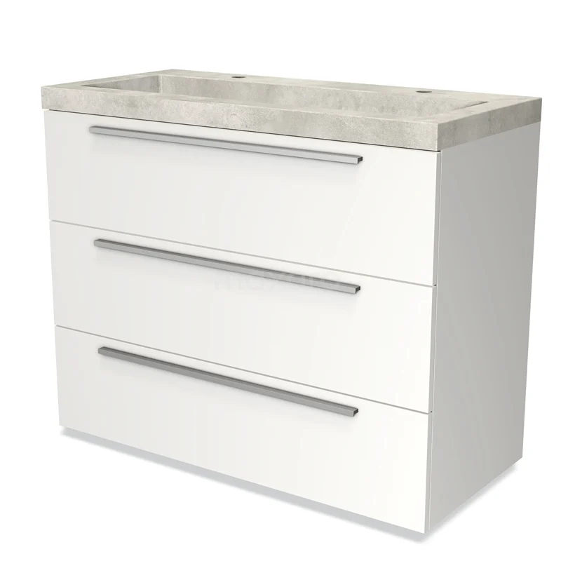 Wit badkamermeubel met drie lades, strak ontwerp en marmeren wastafel, perfect voor moderne badkamerinrichting.