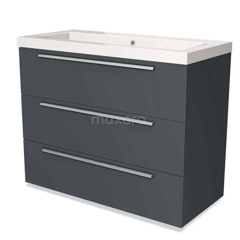 Donkergrijze badkamermeubelset met drie lades, strak design, geïntegreerde witte wastafel, ideaal voor moderne badkamers.