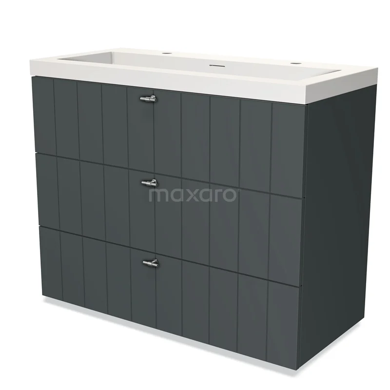 Dark grey bathroom furniture set with three drawers, white basin and vertical grooves, modern design.