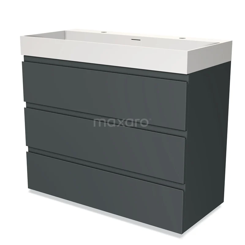 Grey bathroom furniture set with three drawers, modern finish and white basin, ideal for stylish bathroom storage.