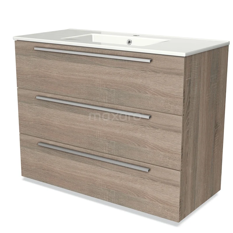 Wooden bathroom unit with three wide drawers, light wood colour, ceramic vanity units with basin and modern silver handles.