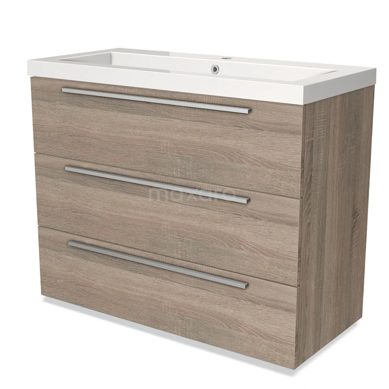 Wooden vanity unit with three drawers, oak look, modern handles and a ceramic basin, perfect for the bathroom.
