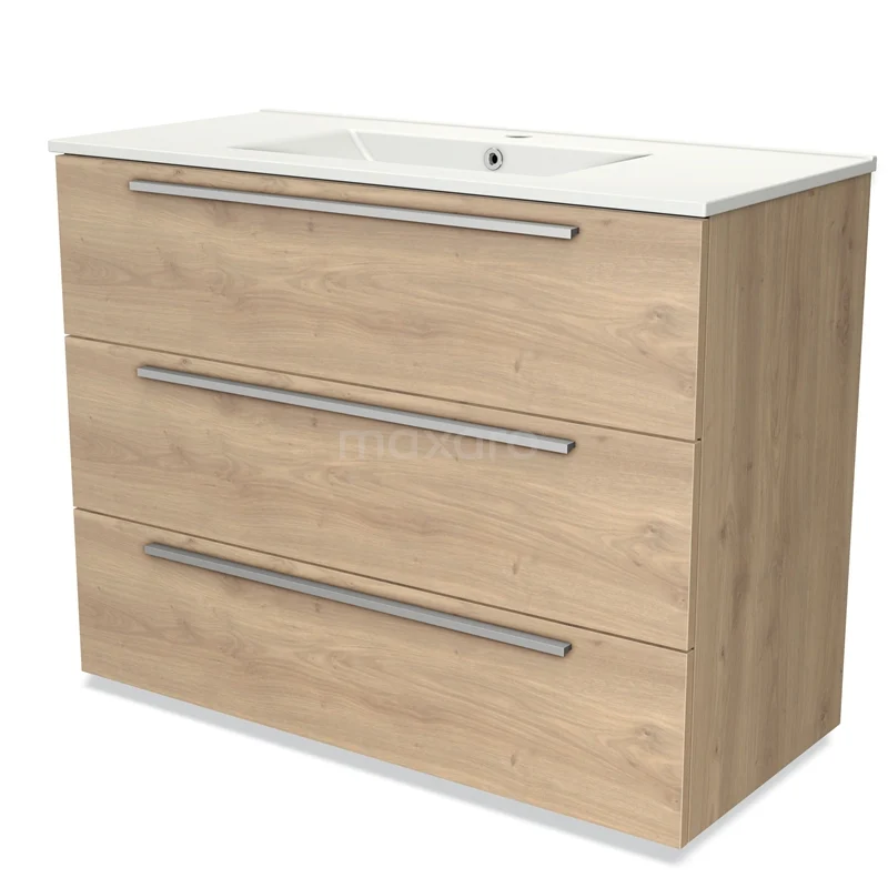 Houten badkamermeubel met drie laden, licht eiken afwerking, wit wastafelblad en strak design.