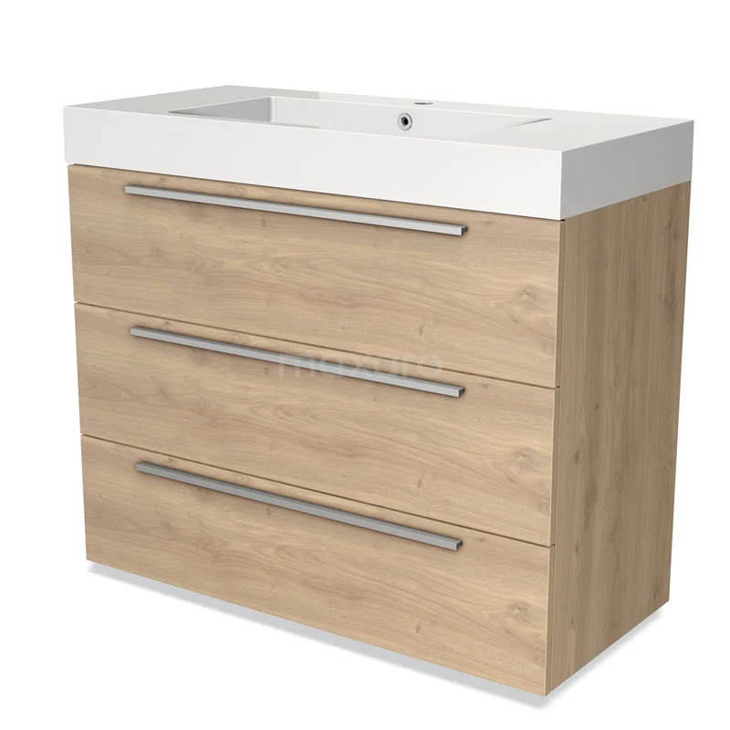 Houten badkamermeubel met drie lades, witte wastafel en RVS handgrepen, modern design ideaal voor elke badkamer.