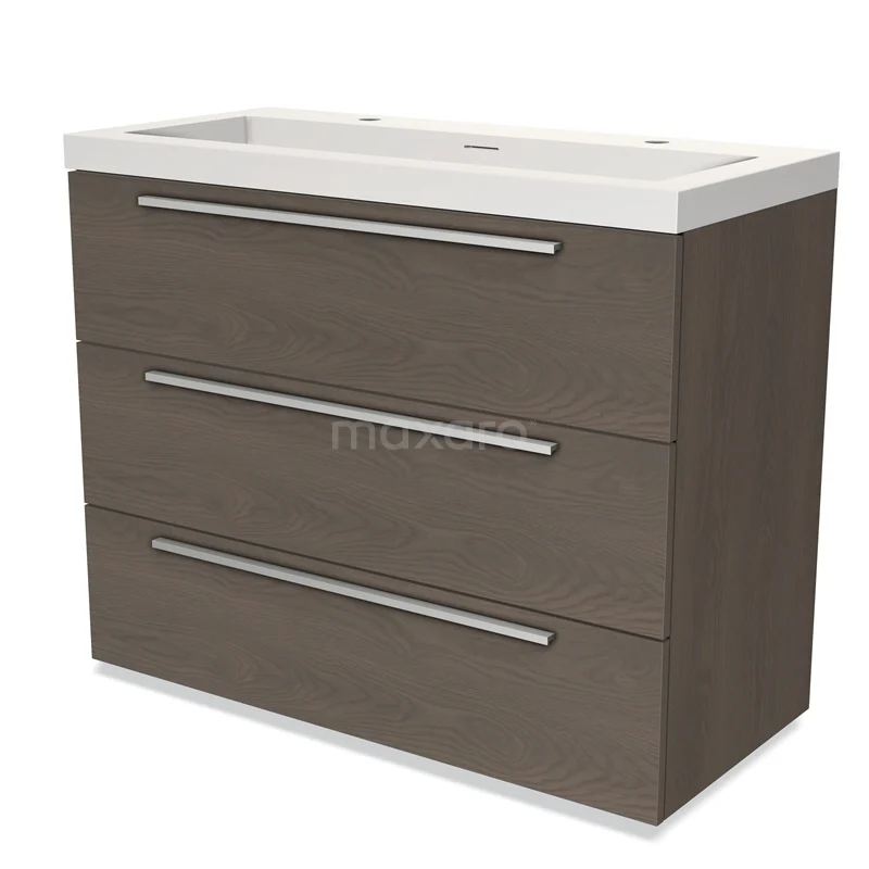 Modulo Vanity units with basin | 100 cm Dark brown oak Flat front Solid surface 3 drawers BMW19-01040