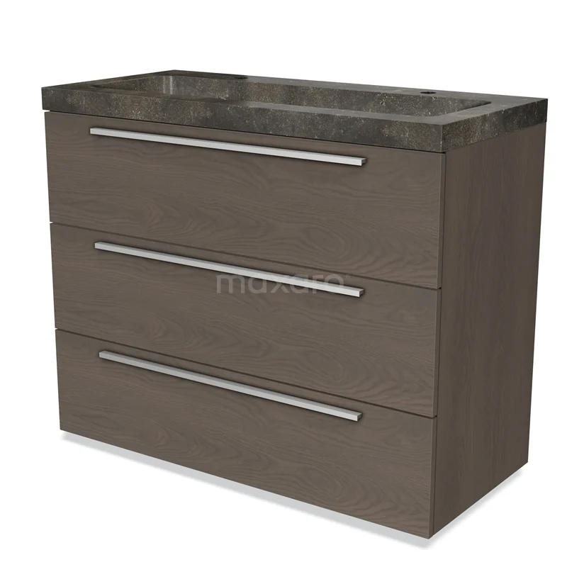 Badmöbel 100cm Modulo dunkelbraune Eiche 3 Schubladen Flaches Waschbecken Naturstein Blaustein BMW19-01043 Moderne Badmöbelset, Grau Holz mit marmoriertem Waschbecken, ausgestattet mit drei geräumigen Schubladen und schlanken Haltegriffen.