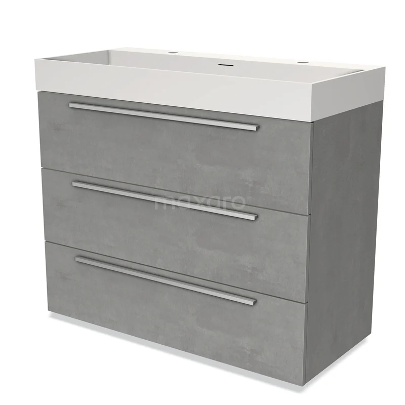 Grey bathroom cabinet with three drawers, modern design, featuring a white basin, ideal for stylish bathroom storage.