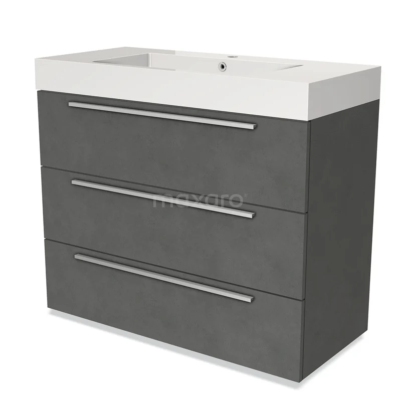 Donkergrijze badkamermeubel met 3 lades, wit porseleinen wastafelblad, modern design, ideaal voor eigentijdse badkamers.