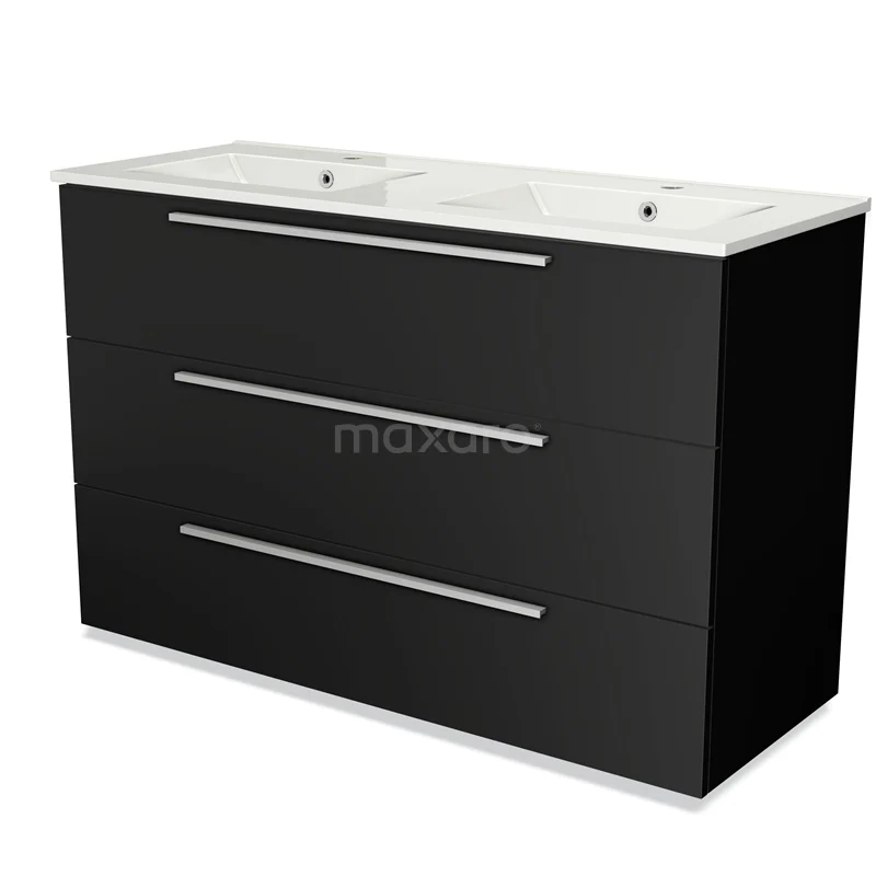 Badmöbel 120cm Modulo Matt Schwarz 3 Schubladen Flaches Waschbecken Keramik BMW19-01163 Schwarzes Holz-Badmöbel mit Doppelwaschbecken, drei Schubladen und schlichten Metall-Haltegriffen, ideal für ein modernes Badezimmer.