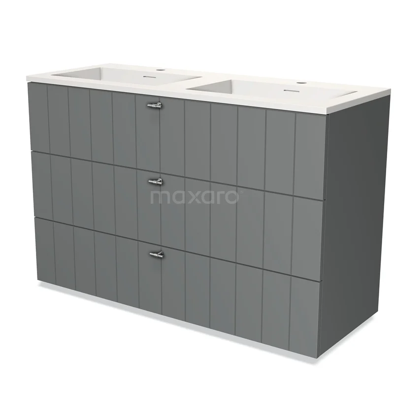 Badmöbel 120cm Modulo Mittelgrau 3 Schubladen Slat Waschbecken Solid Surface BMW19-01214 Graues Doppelwaschbecken mit Schubladenschrank, moderne Ausführung, ideal für Badezimmerlagerung, passt zu klaren und minimalistischen Stilen.