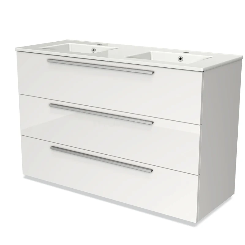 Modulo Vanity units with basin | 120 cm High-gloss white Flat front Ceramic 3 drawers BMW19-01237