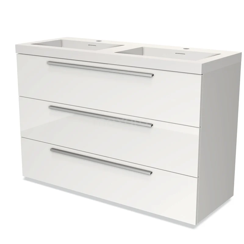 Badmöbel 120cm Modulo Hochglanz Weiß 3 Schubladen Flaches Solid Surface Waschbecken BMW19-01241 Weißes Badmöbel mit Doppelwaschbecken, drei geräumigen Schubladen und eleganten Aluminium Haltegriffen, ideal für moderne Badezimmerlagerung.