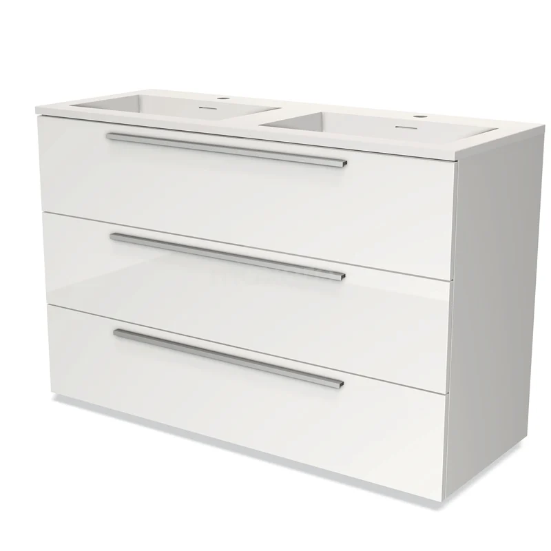 Badmöbel 120cm Modulo Hochglanz Weiß 3 Schubladen Flaches Solid Surface Waschbecken BMW19-01242 Weißes Waschtischmöbel mit doppeltem Waschbecken, schlichten Metallgriffen und modernem Design, ideal für ein stilvolles Badezimmer.