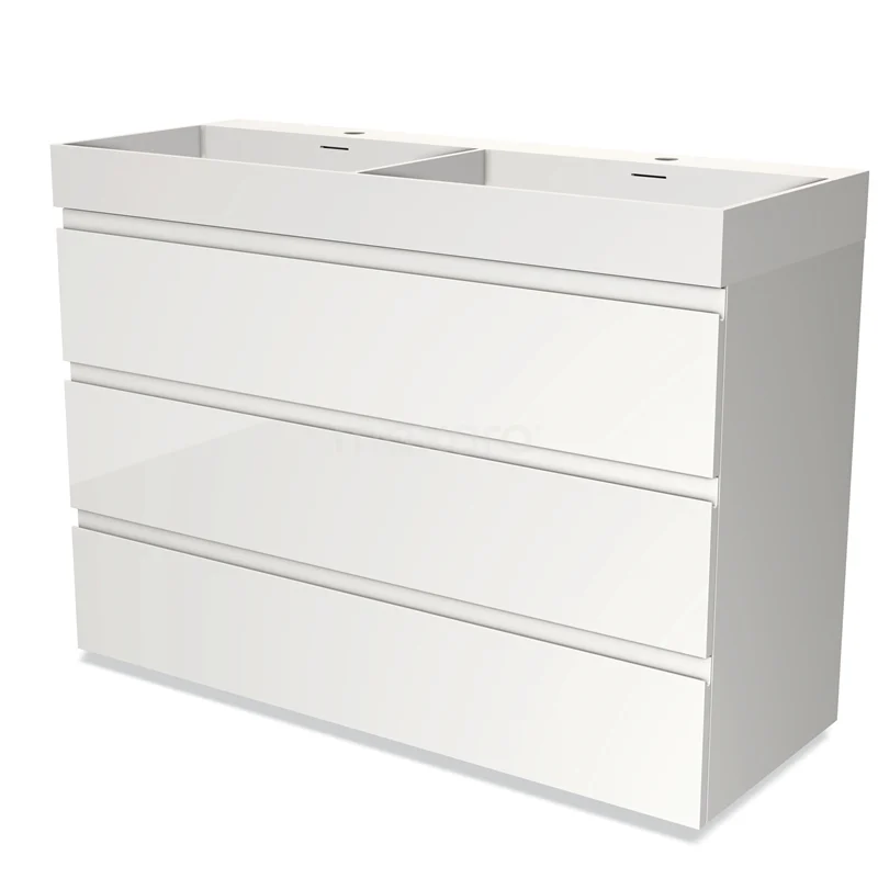 White glossy Bathroom unit with vanity units with basin, sleek design and handleless drawers, perfect for modern bathrooms.