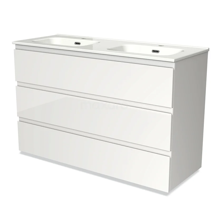Modulo Vanity units with basin | 120 cm High-gloss white Handle-less front Ceramic 3 drawers BMW19-01278