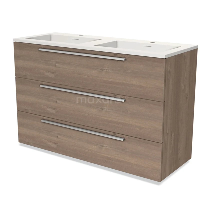 Badmöbel 120cm Modulo mittelbraune Eiche 3 Schubladen Flaches Waschbecken Solid Surface BMW19-01494 Hölzernes Badezimmermöbel mit Doppelwaschbecken, drei Schubladen und eleganten Metallhaltegriffen, perfekt für moderne Bäder.