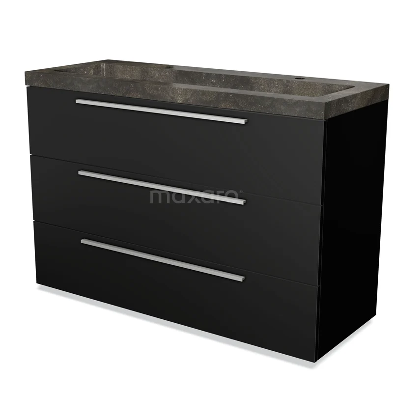 Black bathroom furniture set with marble basin, three drawers and sleek handles, ideal for modern bathrooms.