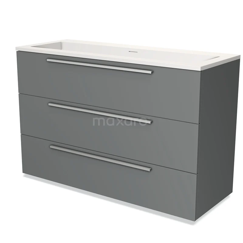 Grey Bathroom cabinet with 3 drawers, sleek design and integrated basin, ideal for modern bathrooms.
