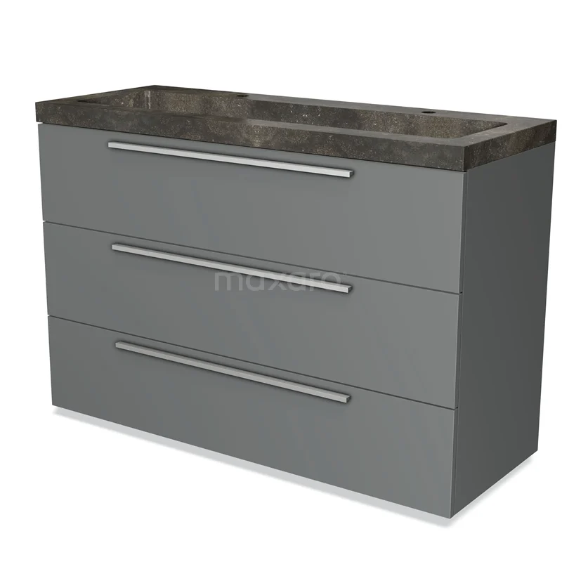 Grey bathroom furniture set with three drawers, metal handles and a dark natural stone basin worktop.